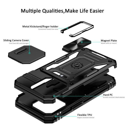 Military-Grade Shockproof Phone Case with Sliding Camera Shield & 360° Ring Stand