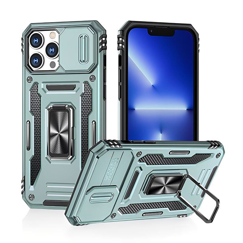 Military-Grade Shockproof Phone Case with Sliding Camera Shield & 360° Ring Stand