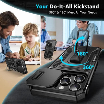 Military-Grade Shockproof Phone Case with Sliding Camera Shield & 360° Ring Stand